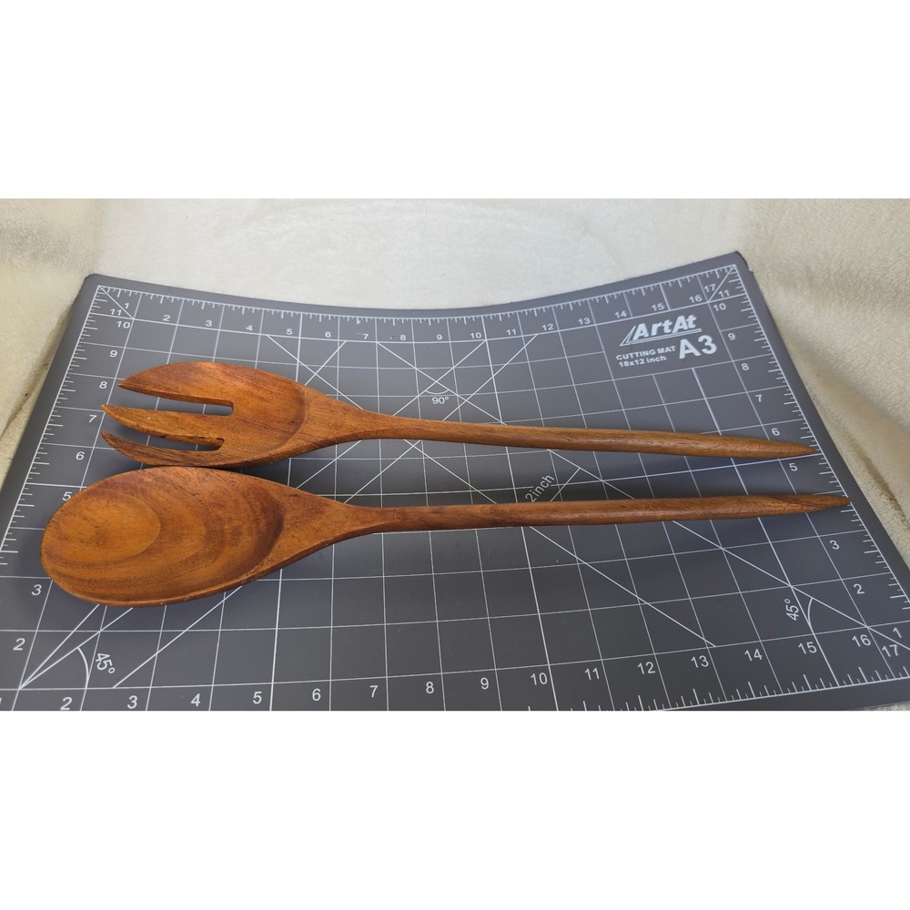 Vintage Handcrafted Wooden Salad Servers Set Long Handle Mid Century Modern